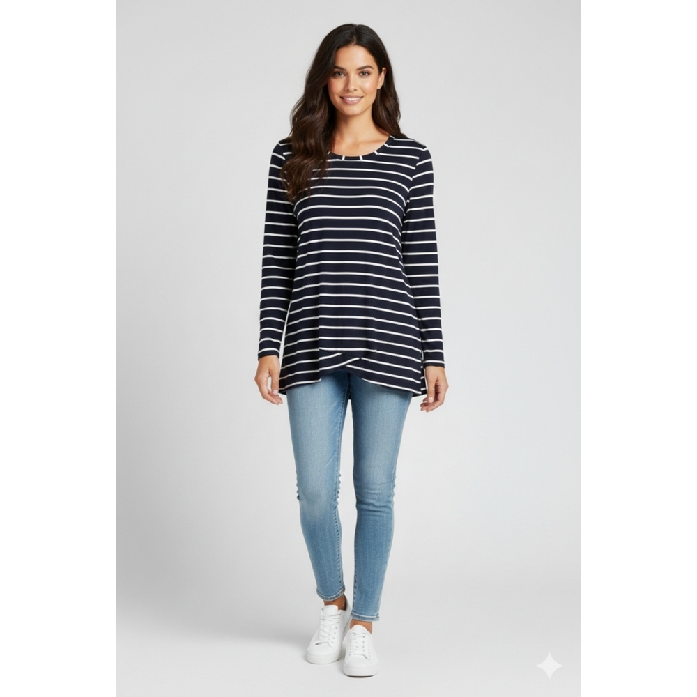 Stylus Navy Blue White Striped Criss Cross Hem Top